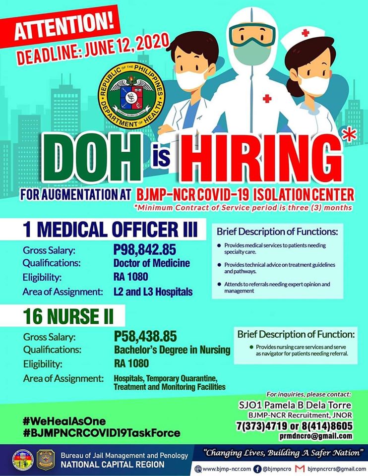 DOH hiring nurses for BJMP COVID19 center, gross salary at P58,000