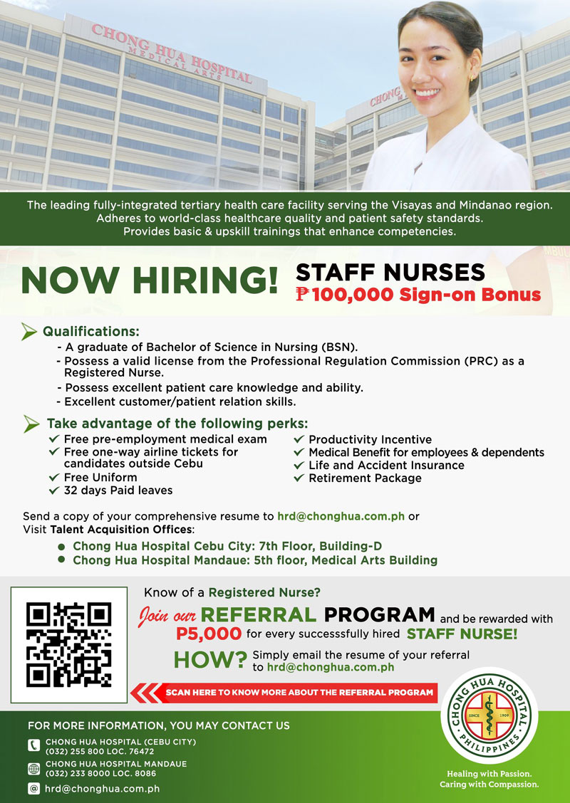 Chong Hua Hospital hiring staff nurses with P100,000 sign-in bonus ...